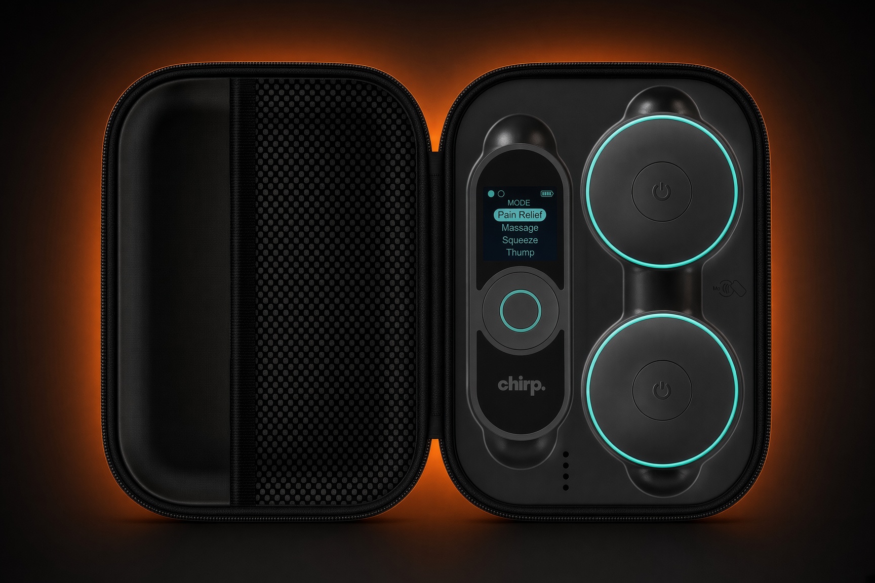 Chirp Halo NMES controller and stimulation pods in their carrying case